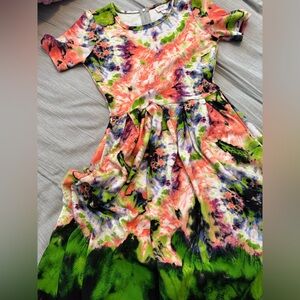 LuLaRoe Floral Tie-Dye Maxi Dress in Coral, Lime, Purple, Black